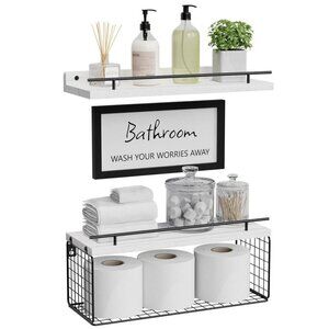 Floating Shelves with Bathroom Wall Décor Sign - White